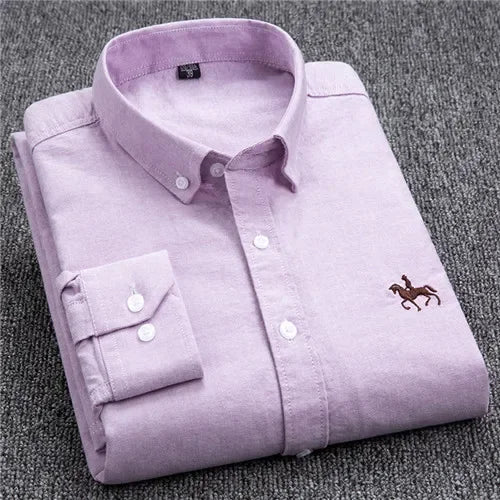 Casual Pure Cotton Oxford Mens Shirts Long Sleeve Embroidery Horse Design Regular Fit Fashion Button Man White Dress Shirt