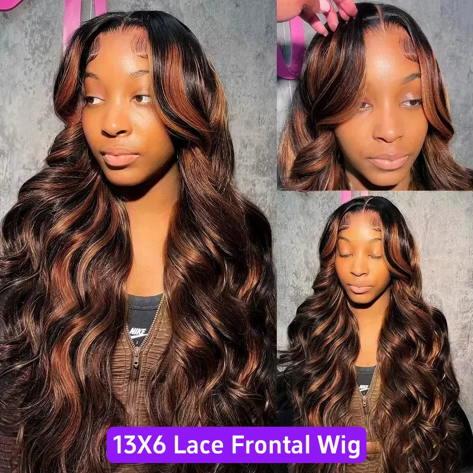 Highlight Ombre Lace Front Wigs Human Hair Body Wave Lace Front Pre Plucked 13x6 1B/30 Brown Highlight Wig 220 Density For Women