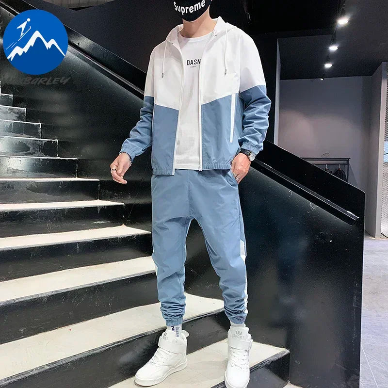 Spring Autumn Men Sportswear Suit Hooded Colorblock Casual Jacket + Pants Suit Man Teenager 2 Piece Jogger Sweatshirt Tracksuit
