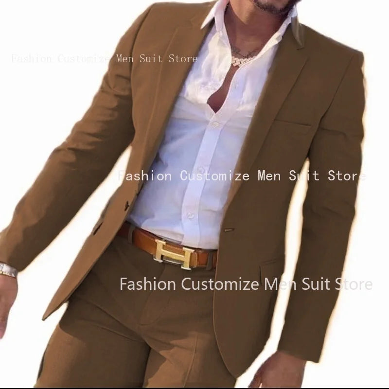 2 Pieces Beige Suit for Men Slim Fit Wedding Groom Tuxedo Groomsmen Suits Male Fashion Smoking Costume Homme Blazer with Pants