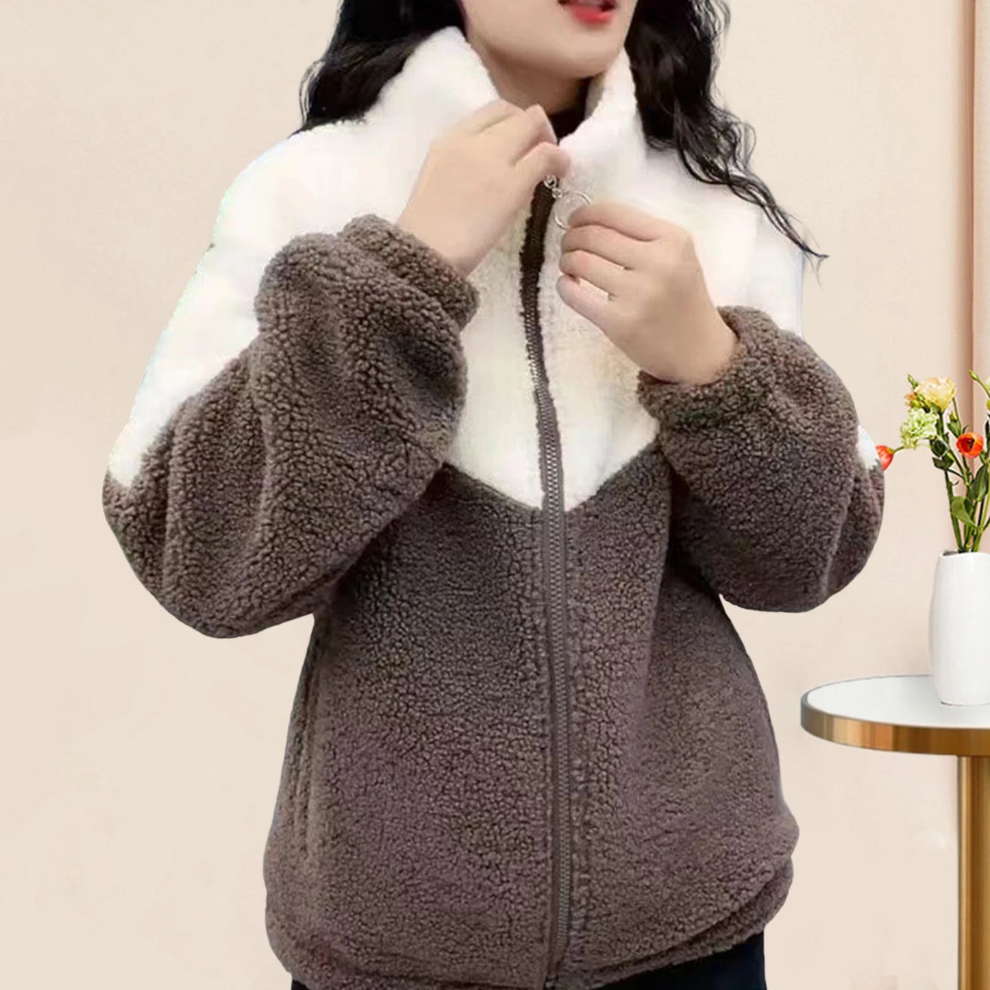 Winter Women Coat Thick Plush Stand Collar Zipper Closure Velvet Jacket Colorblock Long Sleeves Pockets Cardigan Outerwear