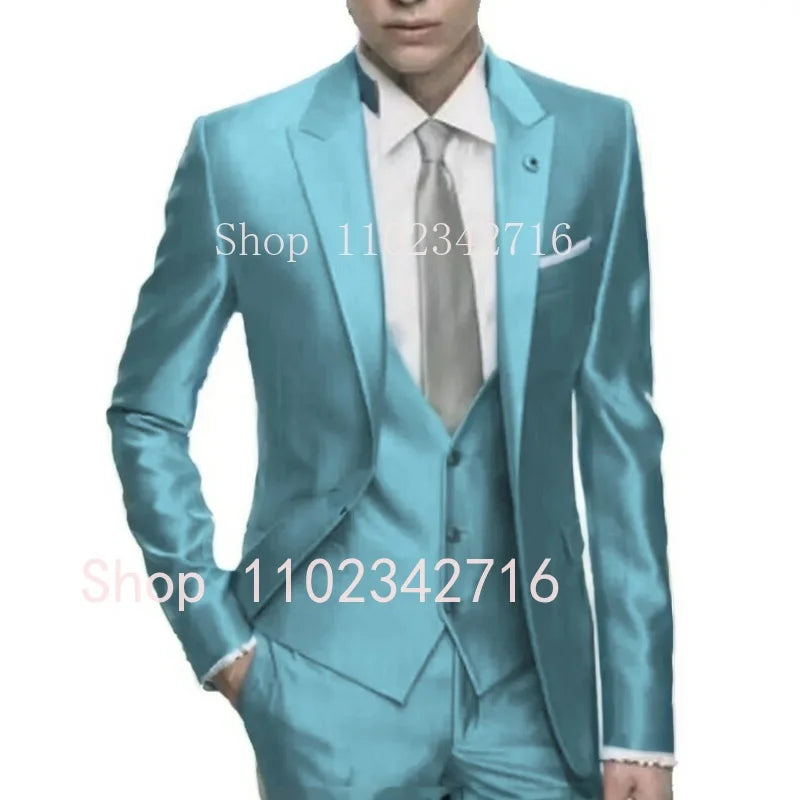 Silver Grey Satin Men Suit Slim Set Formal Wedding Skinny Stylish Male Blazer Party Custom Tuxedo 3 Piece Vestidos Suits for Men