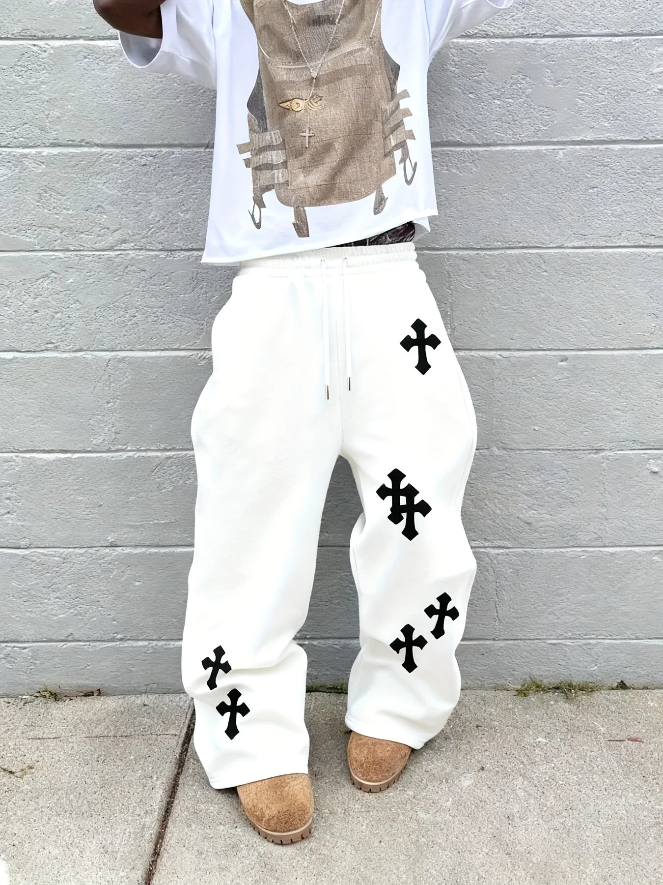 2025 Trendy Men's Black Wide Leg Pants Large White Cross Print Street Hip-Hop Pants Loose Casual Jogging Pants Gothic Fashion