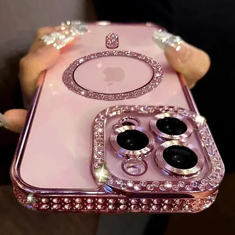 New Fashion Glitter Diamond Transparent Case For iPhone 17 16 15 14 13 11 12 Pro Max Funda Magnetic Wireless Charge Bumper Cover
