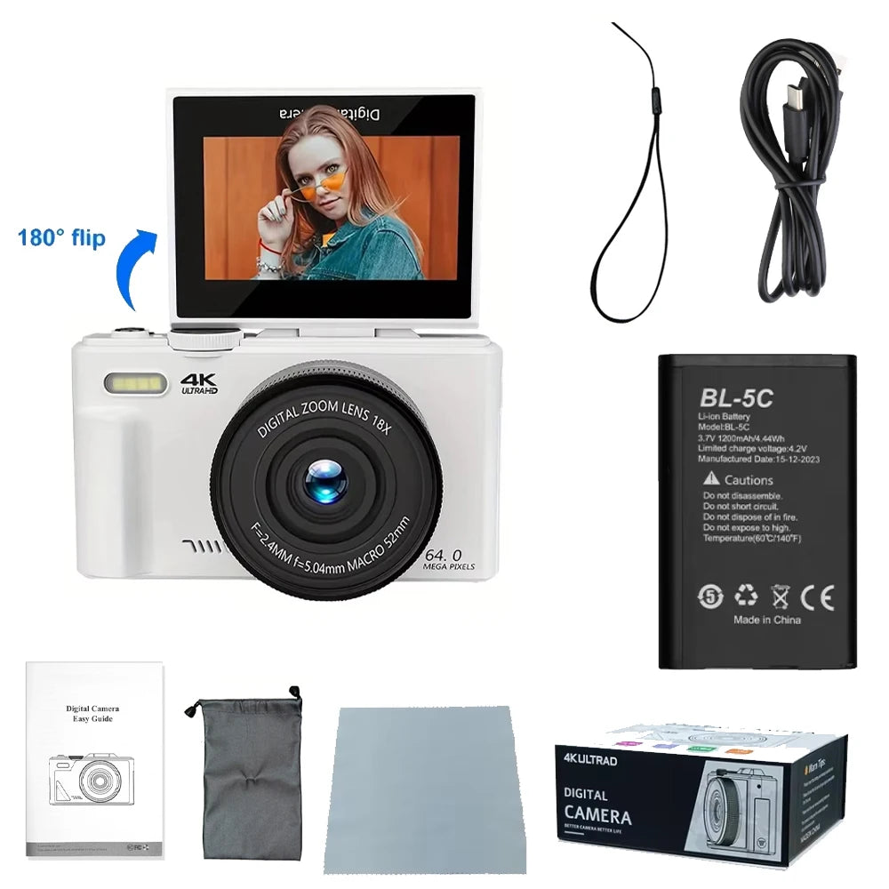 Ourlife AC600 Digital Camera 4K 64MP UHD Cameras 18X Digital Zoom 180° Flip Screen Vintage Vlogging Camera for YouTube Autofocus