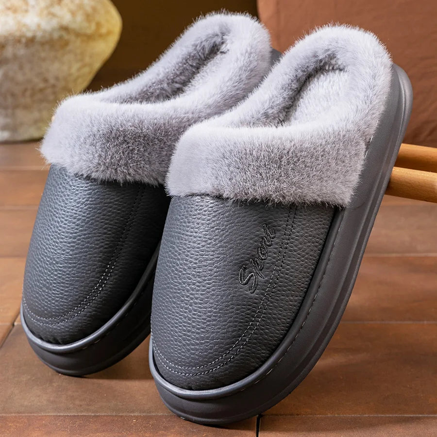 Warm Waterproof PU Slippers Men EVA Memory foam Platform Cushion Soft Comfortable Living Room Shoes High Quality