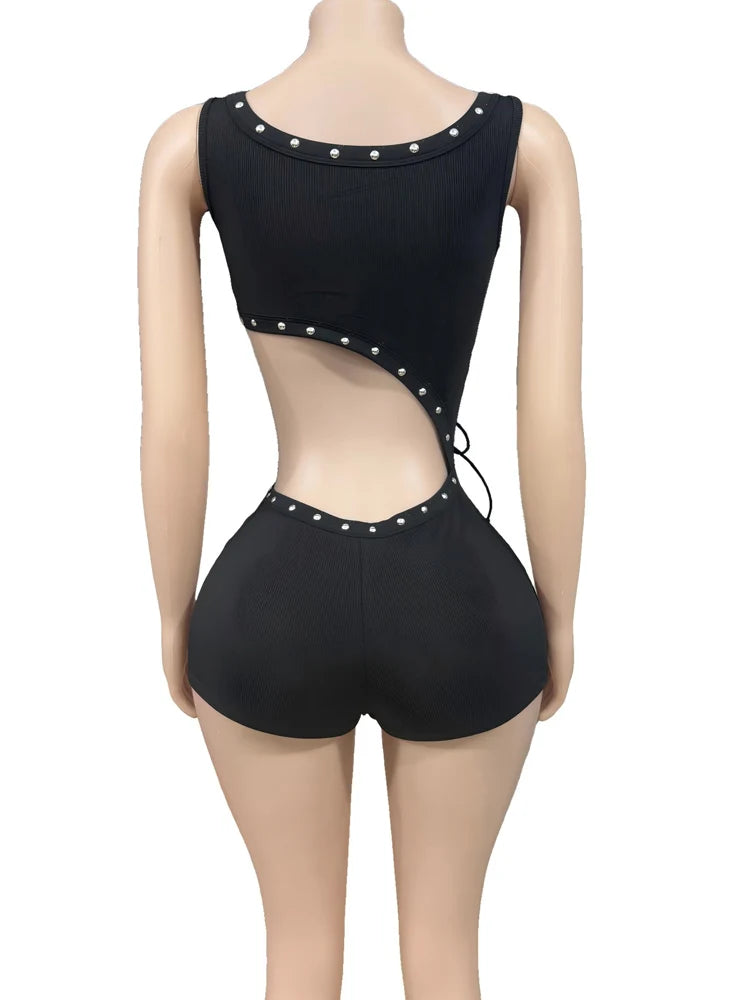Beyprern Sexy Cut Out Rivet Studded Romper Women Eyelet Lace-Up One Piece Shorts Romper Aesthetic Clubwear Festival Rave Outfits