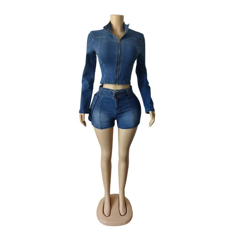 Sexy Denim Womens 2 Two Piece Set Stretchy Long Sleeve Zip Up Slim Jackets and Shorts Suits Y2k Streetwear Belt Jean Outfit Sets