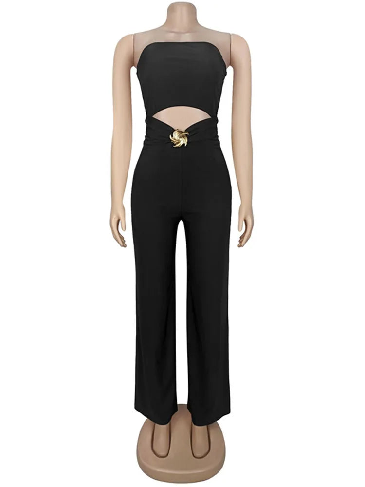 Joskaa 2025 Autumn Sexy Strapless Black Jumpsuit Women Hipster Hollow Ruched Metallic Decoration Skinny Rompers Party Clubwear