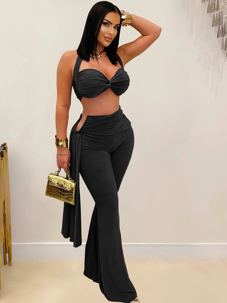 Beyprern New Chic Twist Front Crop Top And Long Straps Wide Legs Pants Set Womens Ruched Metal Tracksuits Set Night Out Overalls