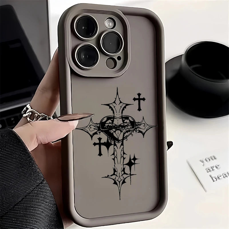 Black Cross Print Phone Case For iPhone 16 15 14 13 12 11 Pro Max X XS XR For iPhone 16E 7 8 15 16 Plus SE Shockproof Soft Cover