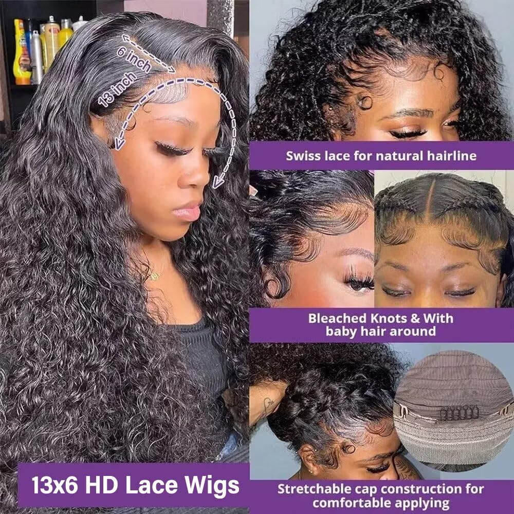 Deep Wave Lace Front Wigs Human Hair 200 Density HD Transparent Lace Frontal Wigs Human Hair 13x6 Pre Plucked Deep Curly Glueless Wig 100% Virgin Curly Human Hair Wig for Black Women