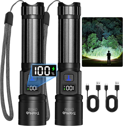 Rechargeable Flashlights 2 Pack, Super Bright High Lumens Flash Light, 5 Modes Zoomable Linternas with LCD Digital Display, Powerful Handheld LED Flashlights for Home Emergencies Camping
