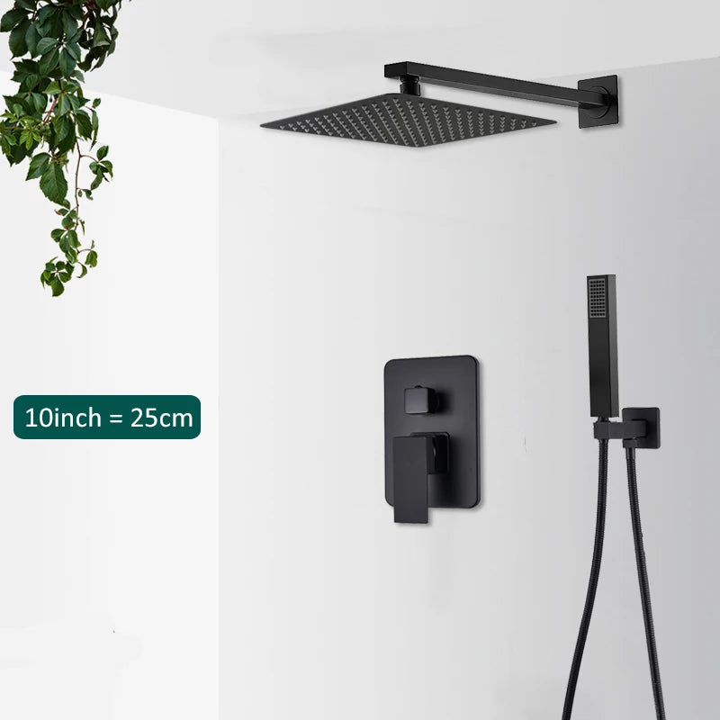 Black Concealed Shower System Rain Waterfall Bathroom Embedded Shower Faucet Set with Tub Spout