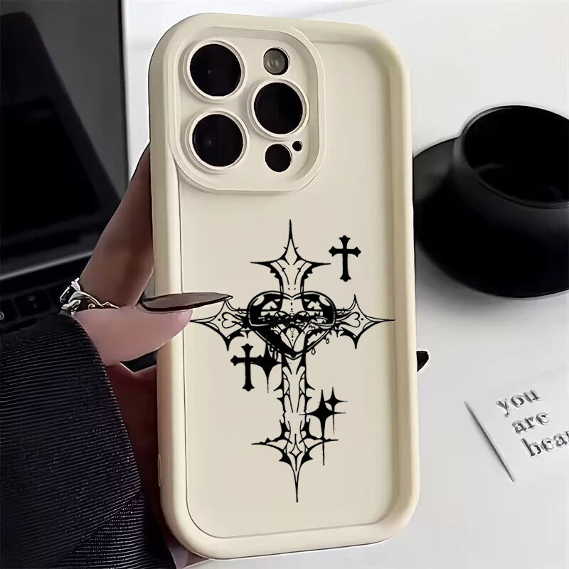 Black Cross Print Phone Case For iPhone 16 15 14 13 12 11 Pro Max X XS XR For iPhone 16E 7 8 15 16 Plus SE Shockproof Soft Cover