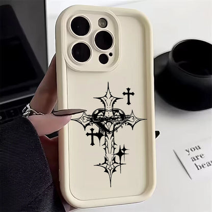 Black Cross Print Phone Case For iPhone 16 15 14 13 12 11 Pro Max X XS XR For iPhone 16E 7 8 15 16 Plus SE Shockproof Soft Cover