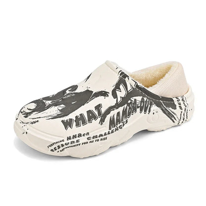 Fashion Winter Fur Slippers for Men Warm Indoor Cotton Shoes Waterproof Outdoor Garden Shoes Slip On Clogs Half Slides Sandals