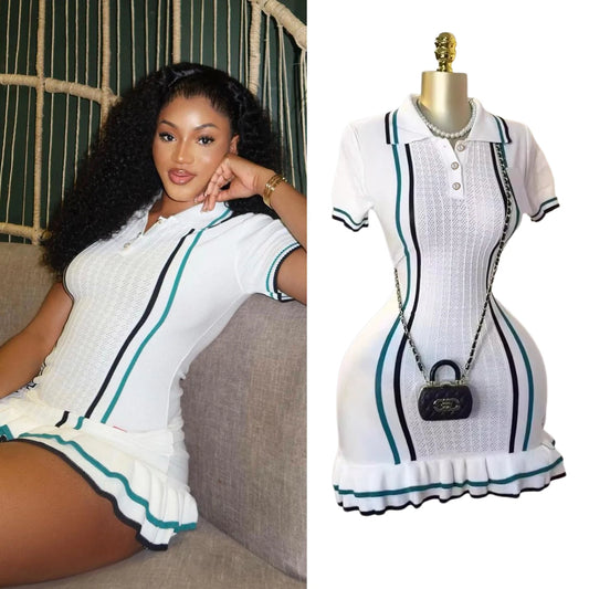 YuooMuoo Chic Fashion Sexy Package Hips Knitted Mini Dress 2026 Summer Vintage Turn-down Collar Ruffled Party Dress Streetrwear