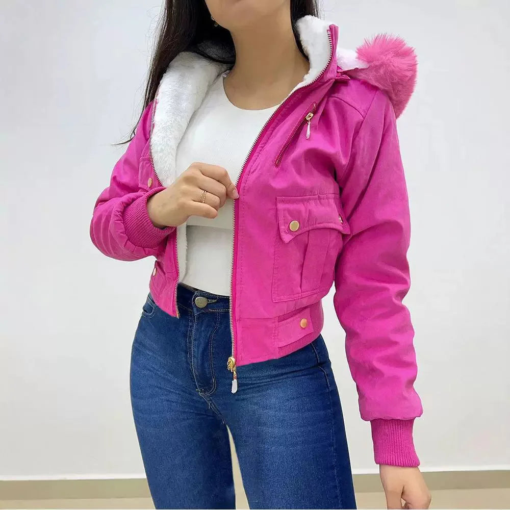 Women Jacket Streetwear Short Workwear Hooded Bag Casual Zip Up Pocket Design Lined Thickening Coats Autumn and Winter 2024 New