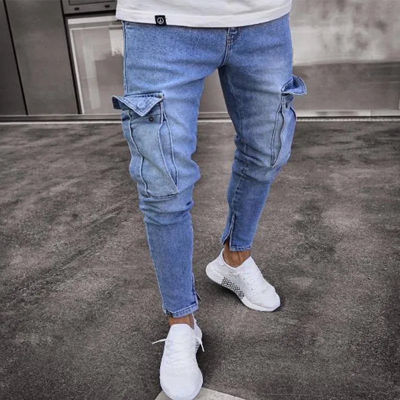 New Jeans Men Pants Wash Solid Color Multi Pockets Denim Mid Waist Cargo Jeans Plus Size Fahsion Casual Trousers Male Daily Wear
