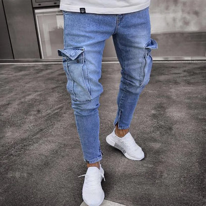 New Jeans Men Pants Wash Solid Color Multi Pockets Denim Mid Waist Cargo Jeans Plus Size Fahsion Casual Trousers Male Daily Wear