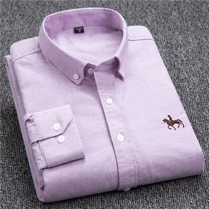 Casual Pure Cotton Oxford Mens Shirts Long Sleeve Embroidery Horse Design Regular Fit Fashion Button Man White Dress Shirt