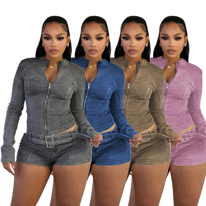 Sexy Denim Womens 2 Two Piece Set Stretchy Long Sleeve Zip Up Slim Jackets and Shorts Suits Y2k Streetwear Belt Jean Outfit Sets