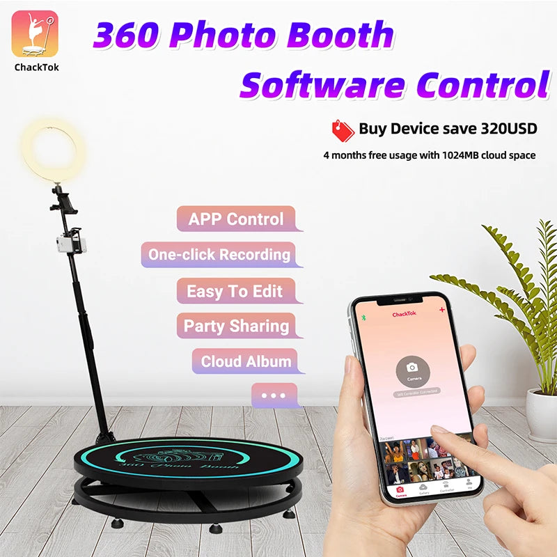 CHACKTOK 360 Photo Booth Machine for Parties 360 Spin Camera Booth with Extra Logo Customization Software APP Remote Automatic