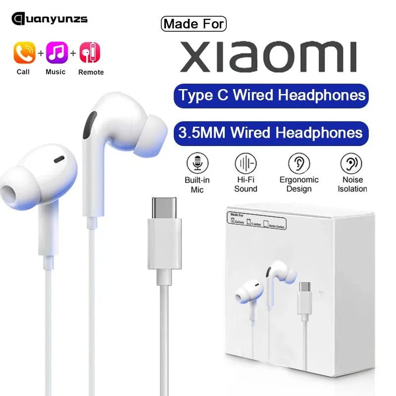 Original Type C Wired Headphone For Xiaomi Mi 14 13 12 Pro Ultra Lite 3.5MM Earphone Redmi Poco Huawei Samsung Earbuds Headset