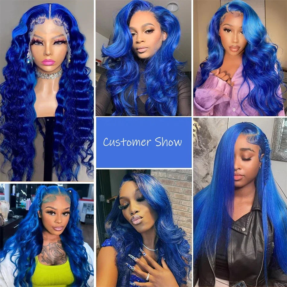 Dark Blue 13x6 HD Lace Front Human Hair Wigs For Women Pre Plucked Blue Body Wave Transparent Lace Frontal Wigs 100% Human Hair