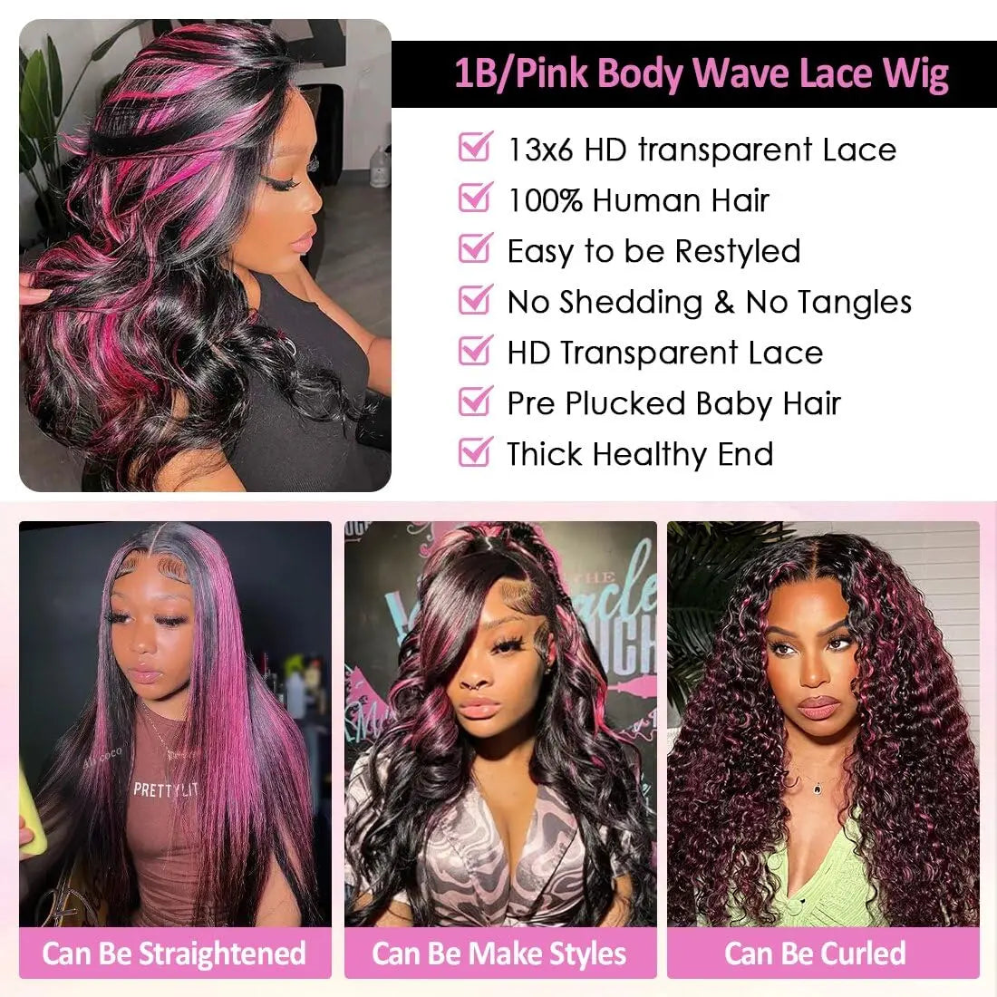 1B/Pink Ombre 13x6 HD Lace Front Wigs Pre Plucked 220% Density Body Wave Highlight Wig Human Hair Pink And Black Colored Wig