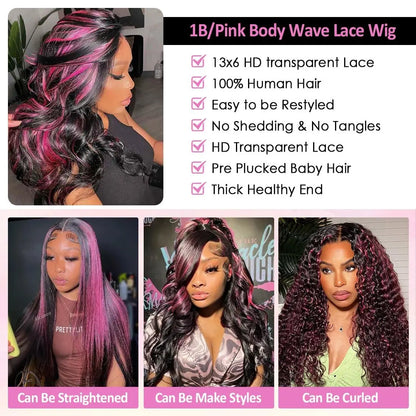 1B/Pink Ombre 13x6 HD Lace Front Wigs Pre Plucked 220% Density Body Wave Highlight Wig Human Hair Pink And Black Colored Wig