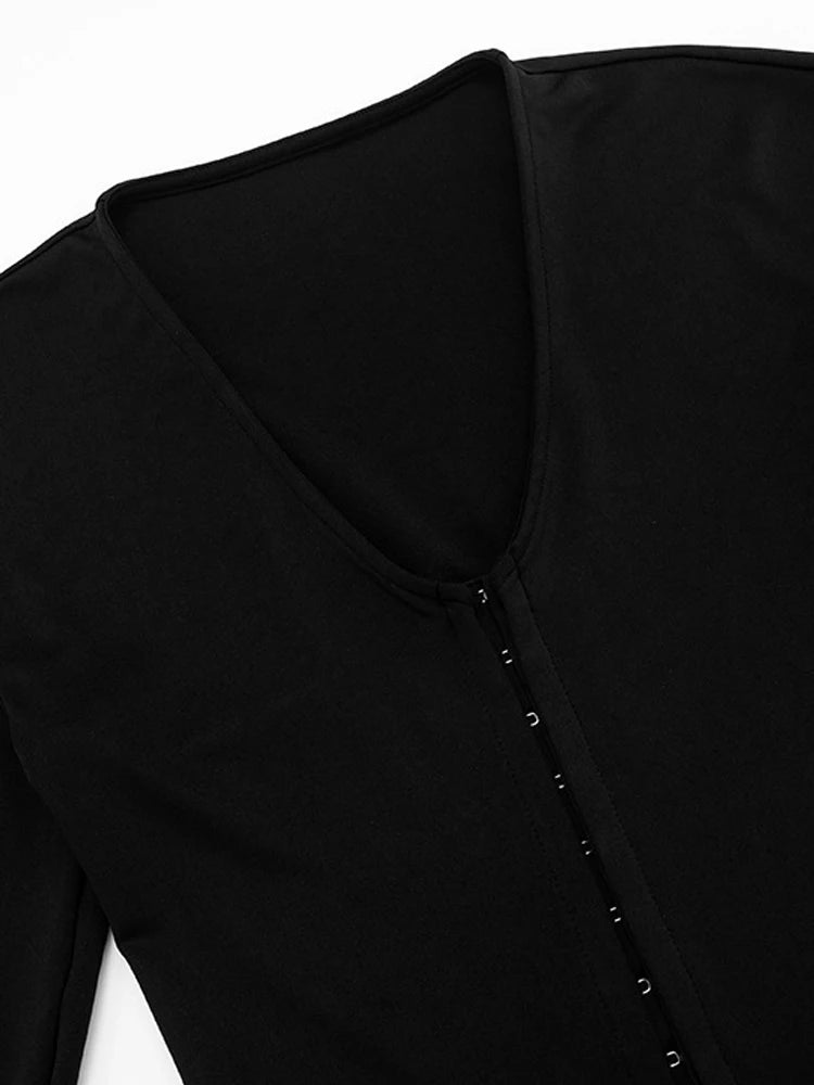 Beyprern Casual Long Sleeve Hidden Button Knitted Top And Shorts Two-Piece Set Womens Black Buckle Co-Ord Set Night Out Overalls