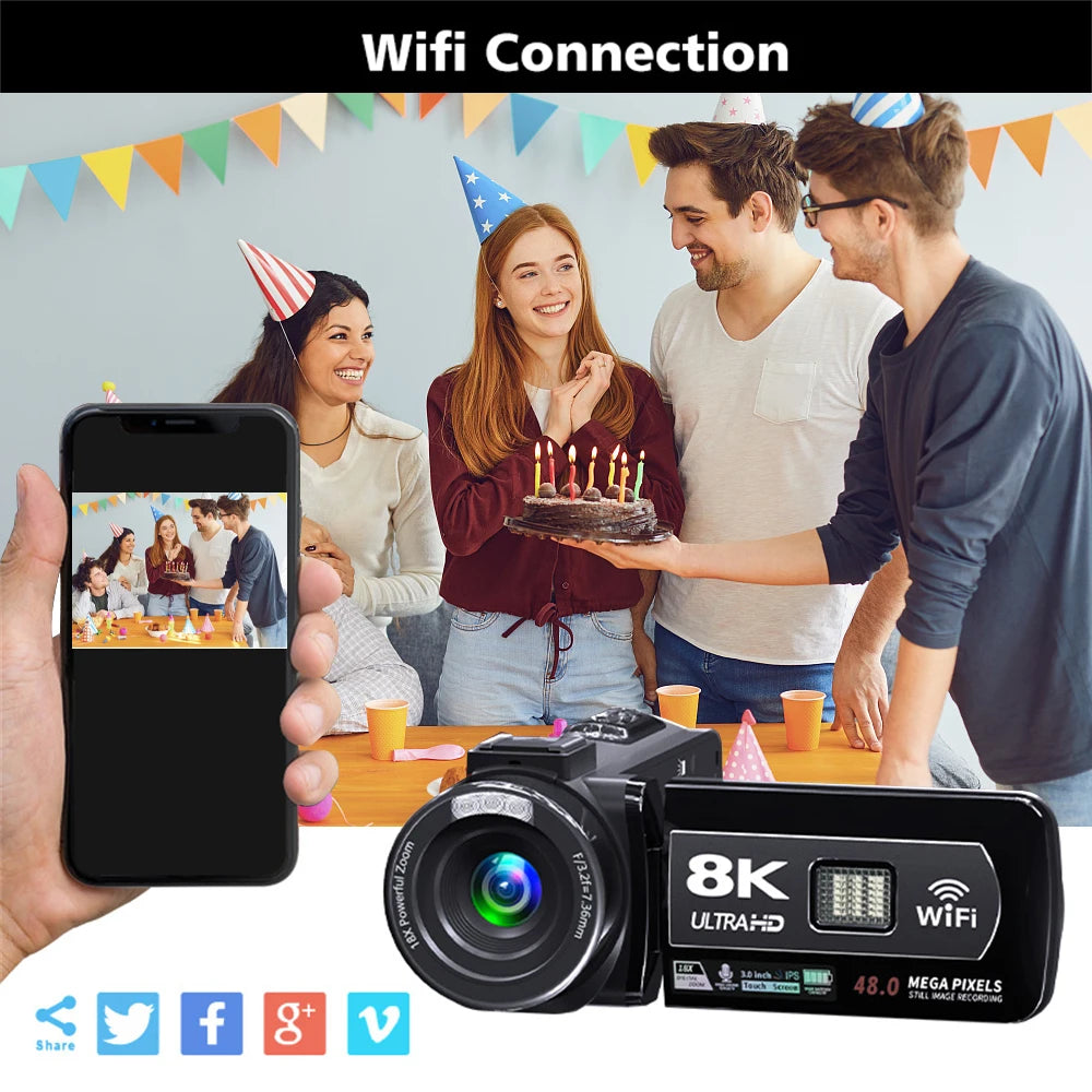 8K Digital Photography Camera 48MP Handheld DV 18X igital Zoom Camera Recorder 3'' LCD Touch Screen Portable Recording Camcorder