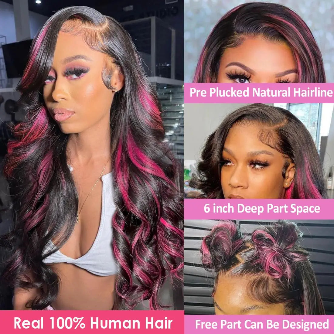1B/Pink Ombre 13x6 HD Lace Front Wigs Pre Plucked 220% Density Body Wave Highlight Wig Human Hair Pink And Black Colored Wig