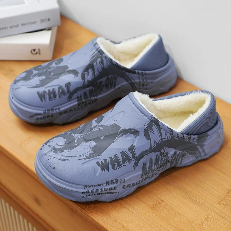 Fashion Winter Fur Slippers for Men Warm Indoor Cotton Shoes Waterproof Outdoor Garden Shoes Slip On Clogs Half Slides Sandals