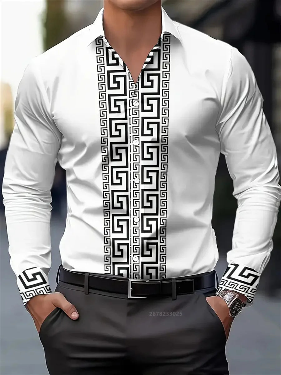 Men's long-sleeved shirt with pattern design, fashionable lapel button-down top, versatile, casual and comfortable men's top