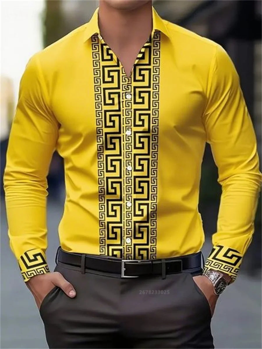 Men's long-sleeved shirt with pattern design, fashionable lapel button-down top, versatile, casual and comfortable men's top