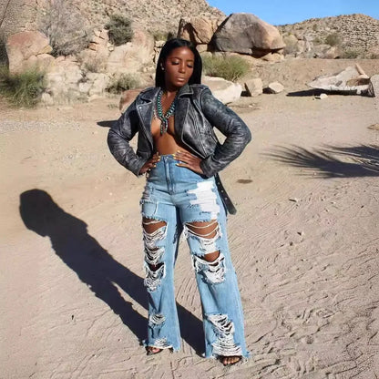 Jeans Women Long Pants Elegant Splice Denim Pant Slim Fit Sexy Hole High Waist Button Pocket Straight Trousers Summer 2024