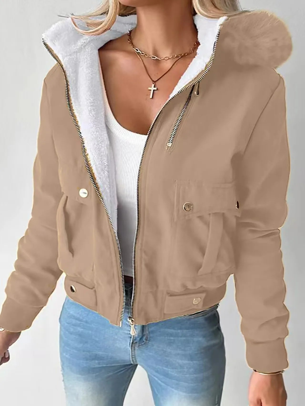 Women Jacket Streetwear Short Workwear Hooded Bag Casual Zip Up Pocket Design Lined Thickening Coats Autumn and Winter 2024 New