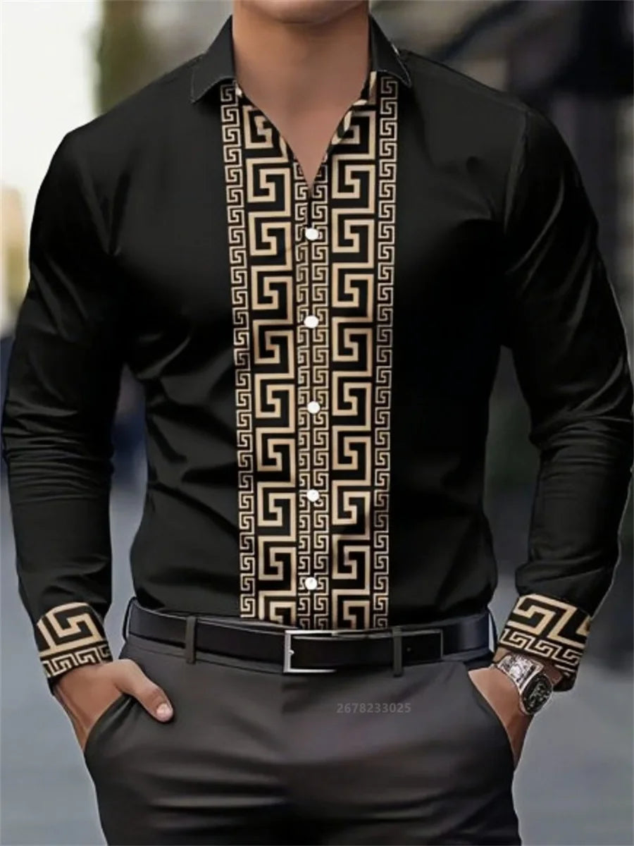 Men's long-sleeved shirt with pattern design, fashionable lapel button-down top, versatile, casual and comfortable men's top