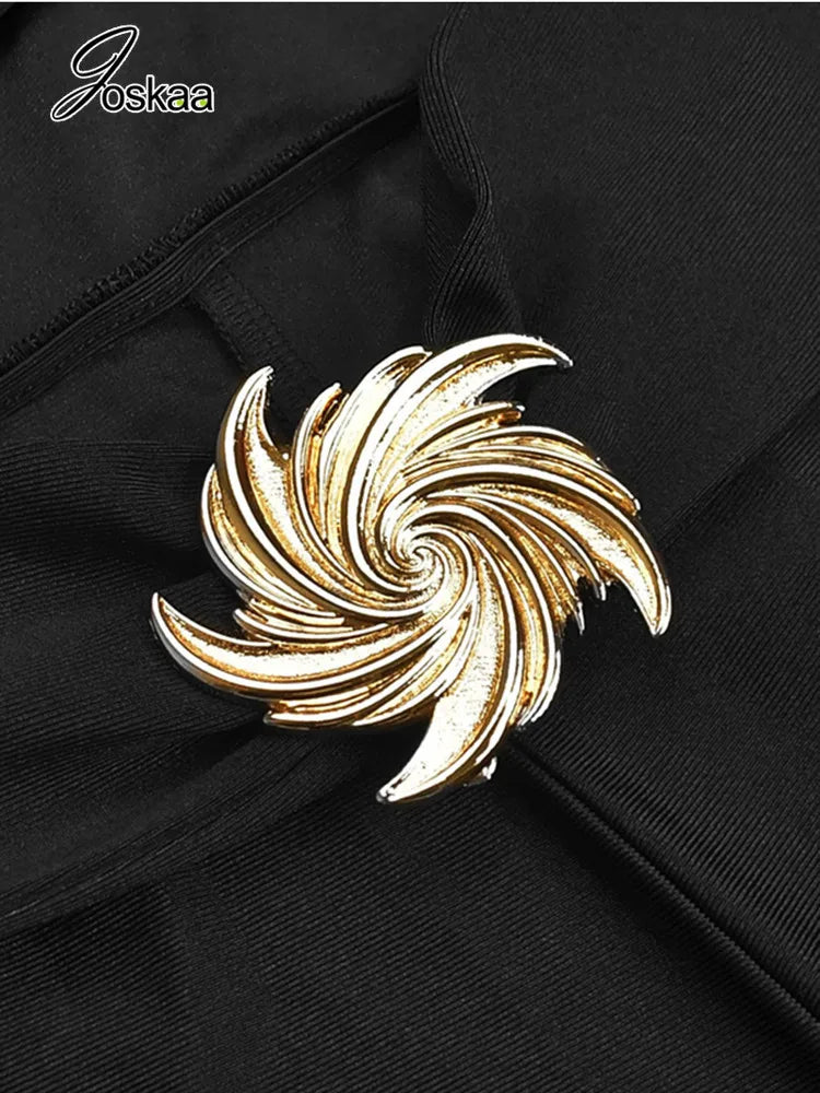 Joskaa 2025 Autumn Sexy Strapless Black Jumpsuit Women Hipster Hollow Ruched Metallic Decoration Skinny Rompers Party Clubwear