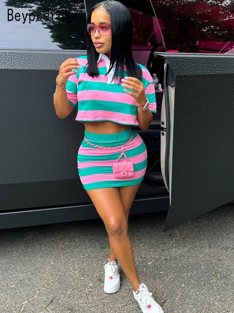 Beyprern Stylish Green Blue Striped Polo Skirt Set Two-Piece Dress For Women Short Sleeve Striped Tracksuits Set Night Clubwear