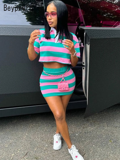 Beyprern Stylish Green Blue Striped Polo Skirt Set Two-Piece Dress For Women Short Sleeve Striped Tracksuits Set Night Clubwear