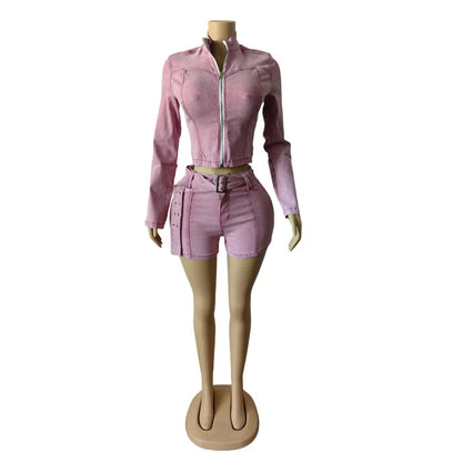 Sexy Denim Womens 2 Two Piece Set Stretchy Long Sleeve Zip Up Slim Jackets and Shorts Suits Y2k Streetwear Belt Jean Outfit Sets