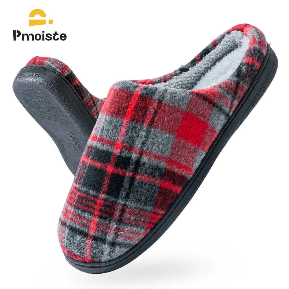 Pmoiste Soft Felt Plaid House Slippers Men Comfortable Warm Memory Foam Cushion Designer Living Room Shoes Slip-on Winter Indoor