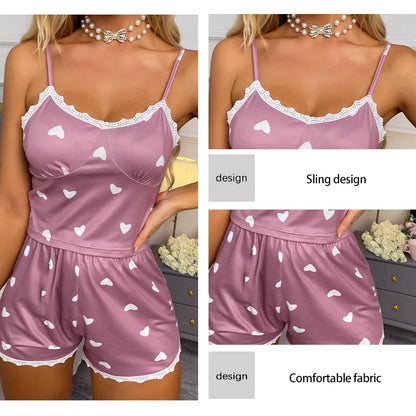 Women's Two-Piece V-Neck Suspender Lace Lace Printed Top and Shorts Women's Casual Printed Pajama Set