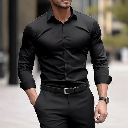 Men's Casual Long Sleeved Solid Color Loose Shirt in Autumn and Winter Slightly Elastic Can Be Worn on the Inside or Outside