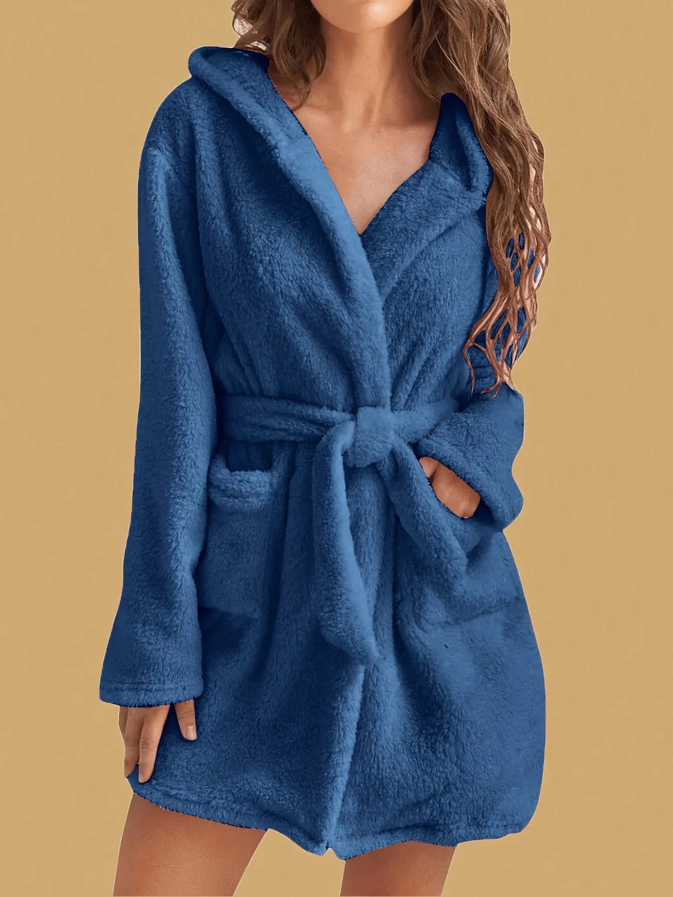 1 piece of women's solid color hooded robe with belt, cozy and warm fleece pajamas for home wear in autumn and winter.