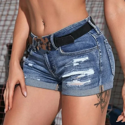 Women's Split Denim Shorts Summer Beach Wild Fashion Sexy Mid Waist Curled Cuff Perforated Elastic Slim Fit Casual Shorts